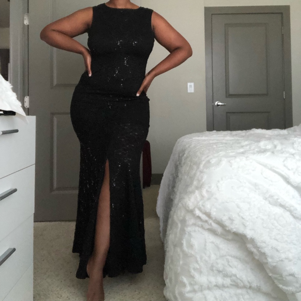 Black sequined open back mermaid slit dress